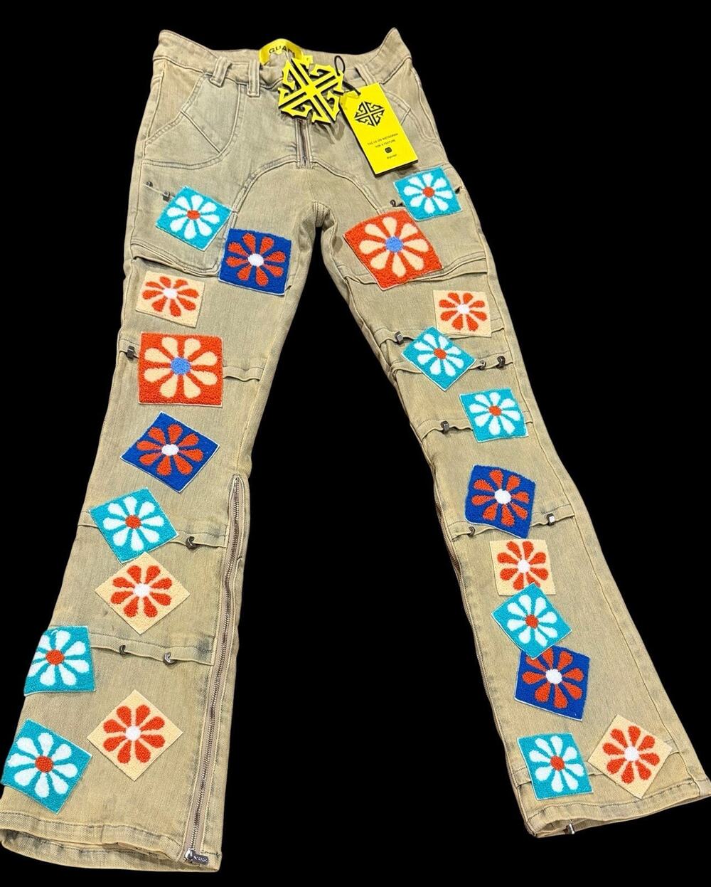Guapi Jeans Vintage Style Flower Stacked Denim, Bellbottoms, Hip-Hop, Hippie,Y2K
